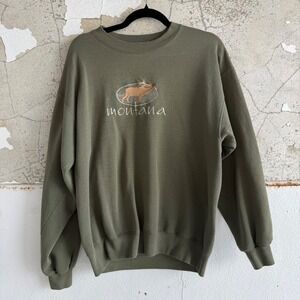 Vtg Montana Sweatshirt Embroidered Elk Wildlife USA Made Outdoors Unisex Large